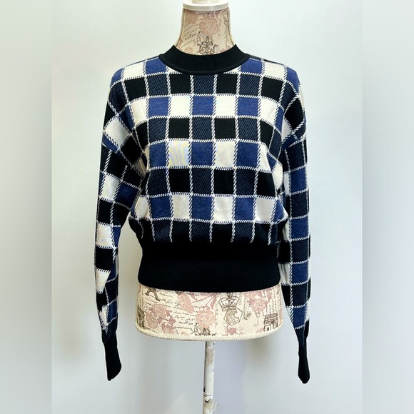 BOSS Blue and black check crew neck crop sweater size L - Picture 4 of 16